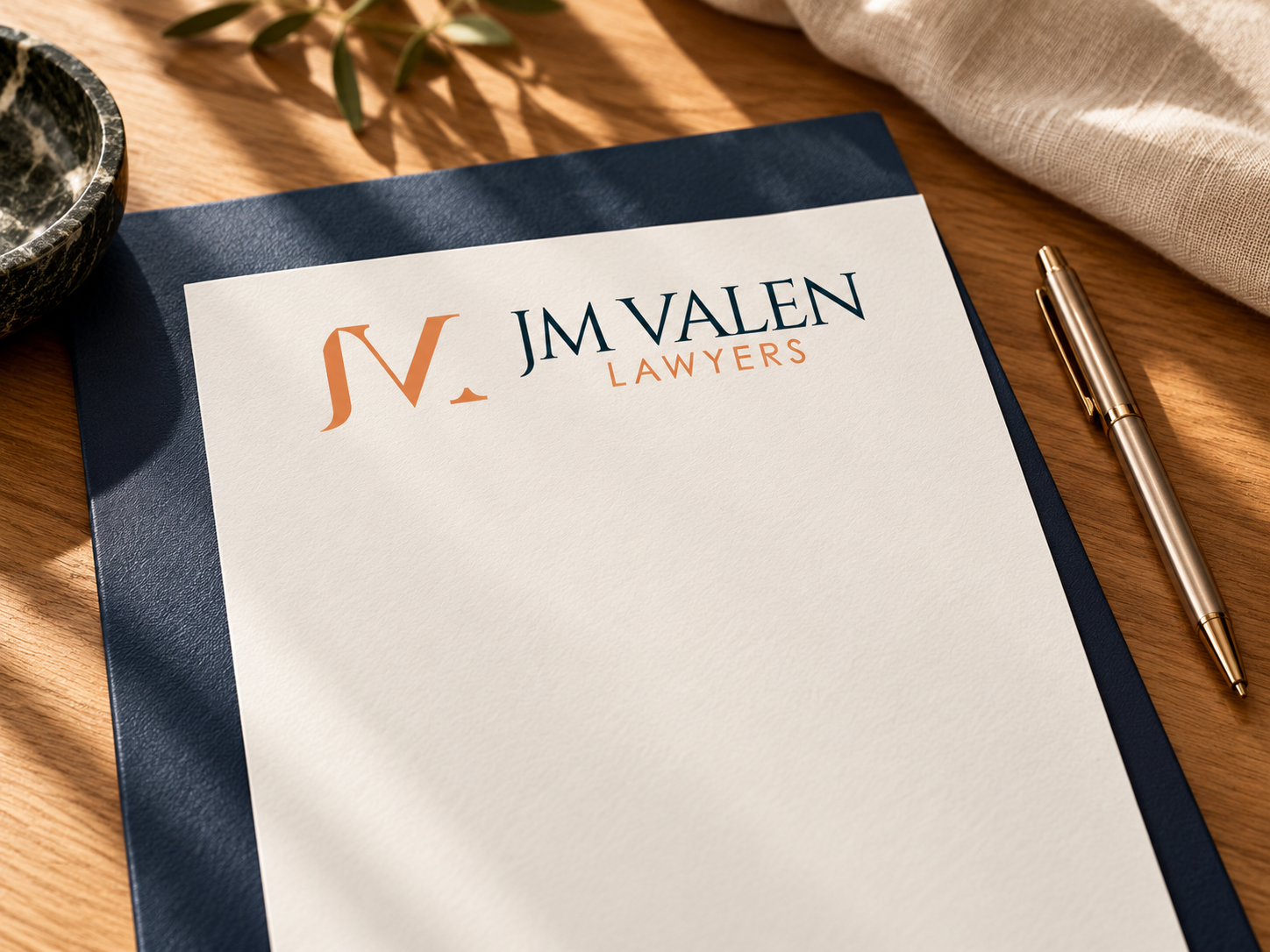 JM Valen branded stationery — AI-generated concept / 品牌文具概念图